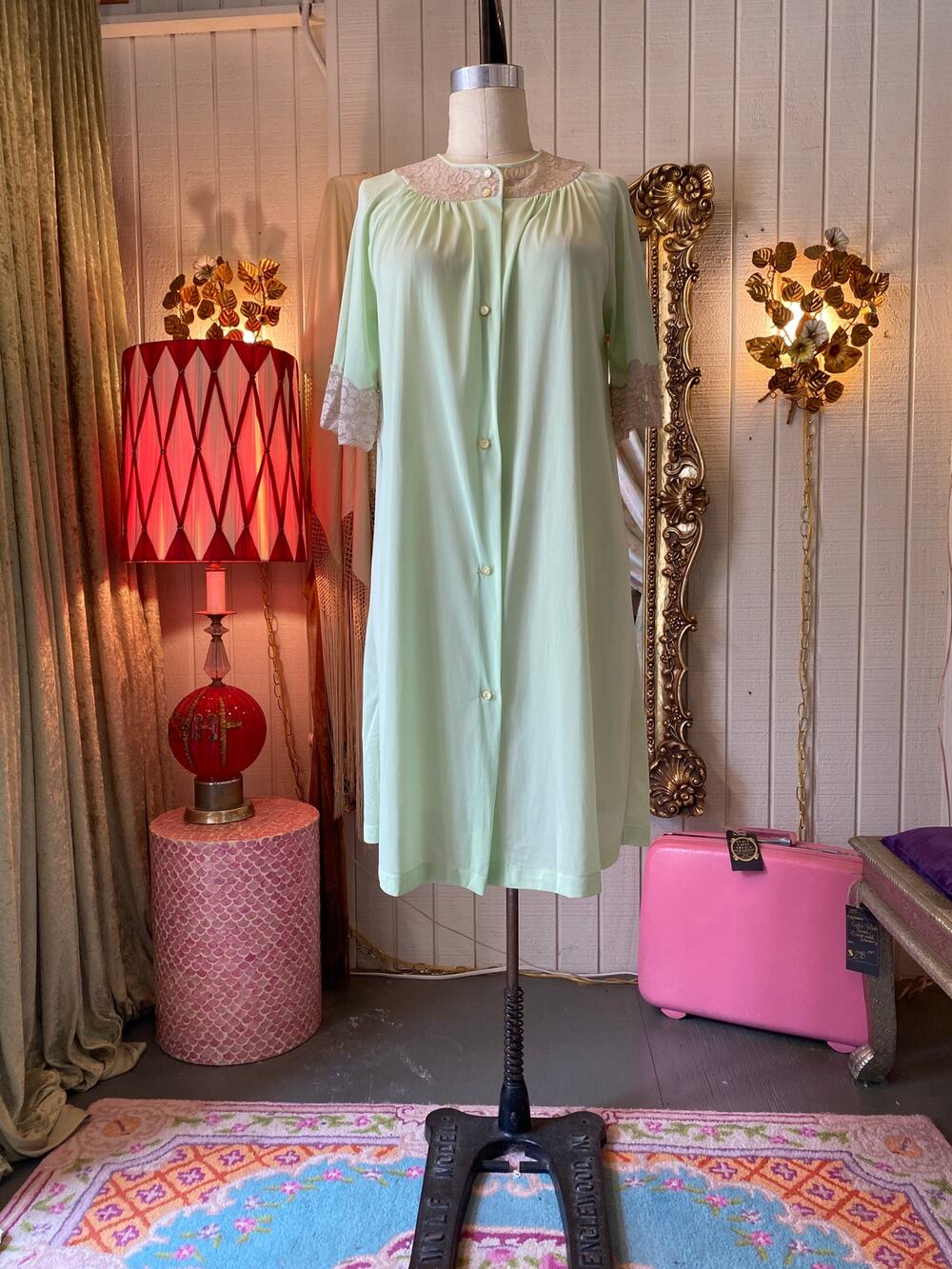 Vintage 1960s mint green robe, 60s lingerie, rockabilly maisel, nylon nightgown